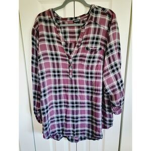 Torrid 3 Purple Black Plaid Henley Shirt Pullover‎ Long Sleeve Hi-Lo Soft Pocket